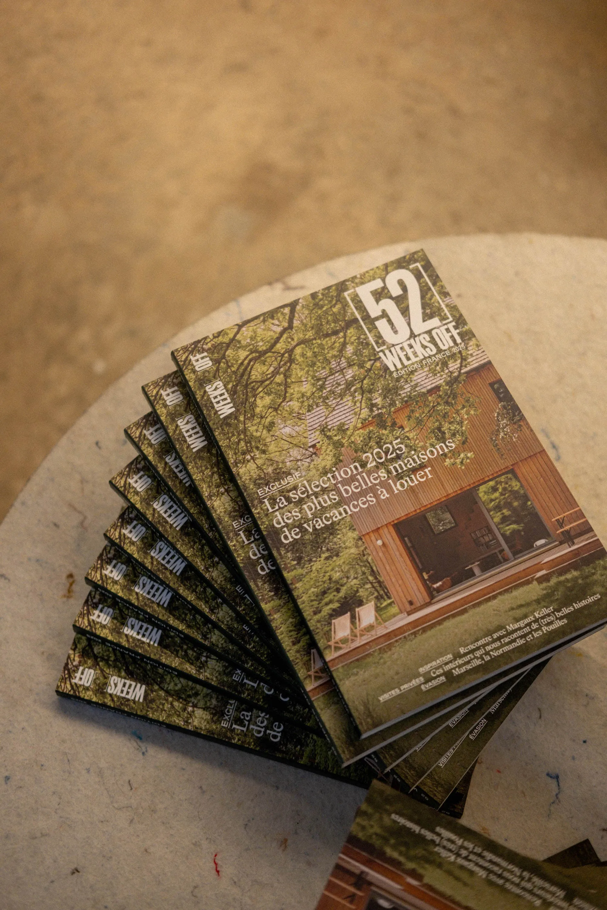 Stack of Weeks Off annual editions on a side table